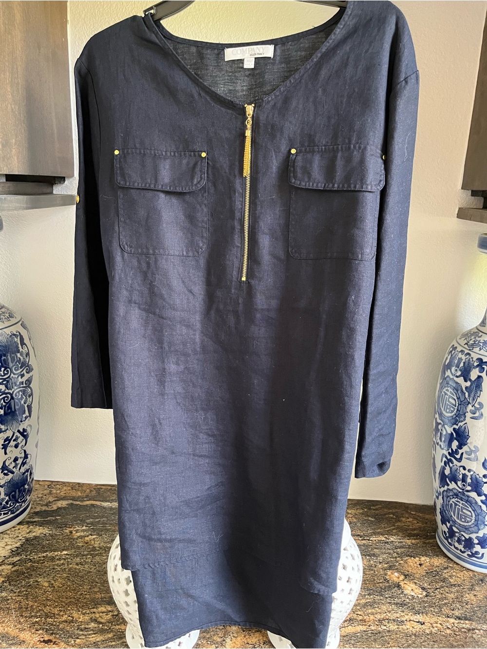 NEW, Company Ellen Tracy Navy Long Sleeve Linen Tunic with Zip, XL